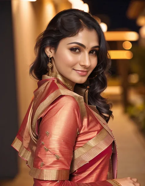 hires headshot photo of 30-year-old (adje woman:1), ultra sharp, looking straight at camera, dynamic pose, (patiala_salwar_kameez:1.2), realistic skin texture, night time, bokeh lights, film grain <lora:adje_Andrea_Jeremiah_SD15_LoRA:0.8>