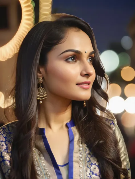 Highres close up portrait photo of a woman, andrea jeremiah, with long straight hair, wearing (patiala_salwar:1.2), night time, city lights beautiful bokeh <lora:Andrea_Jeremiah_SDXL_LoRA:0.8>