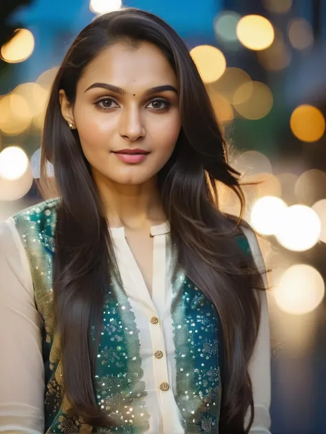 Highres close up portrait photo of a woman, andrea jeremiah, with long straight hair, wearing (Pants_kurta:1.2), night time, city lights beautiful bokeh <lora:Andrea_Jeremiah_SDXL_LoRA:0.8>