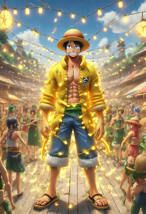 Create a vibrant scene from One Piece featuring the Yellow Team's signature color. Illustrate a dynamic moment with iconic characters such as Luffy, Zoro, or Nami, ensuring that the yellow element is prominently showcased. Embrace the adventurous spirit of One Piece while infusing the essence of the Yellow Team's unique identity.
