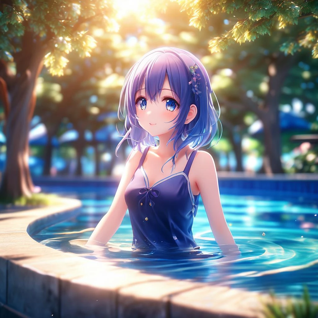 1girl,tree,pool,water