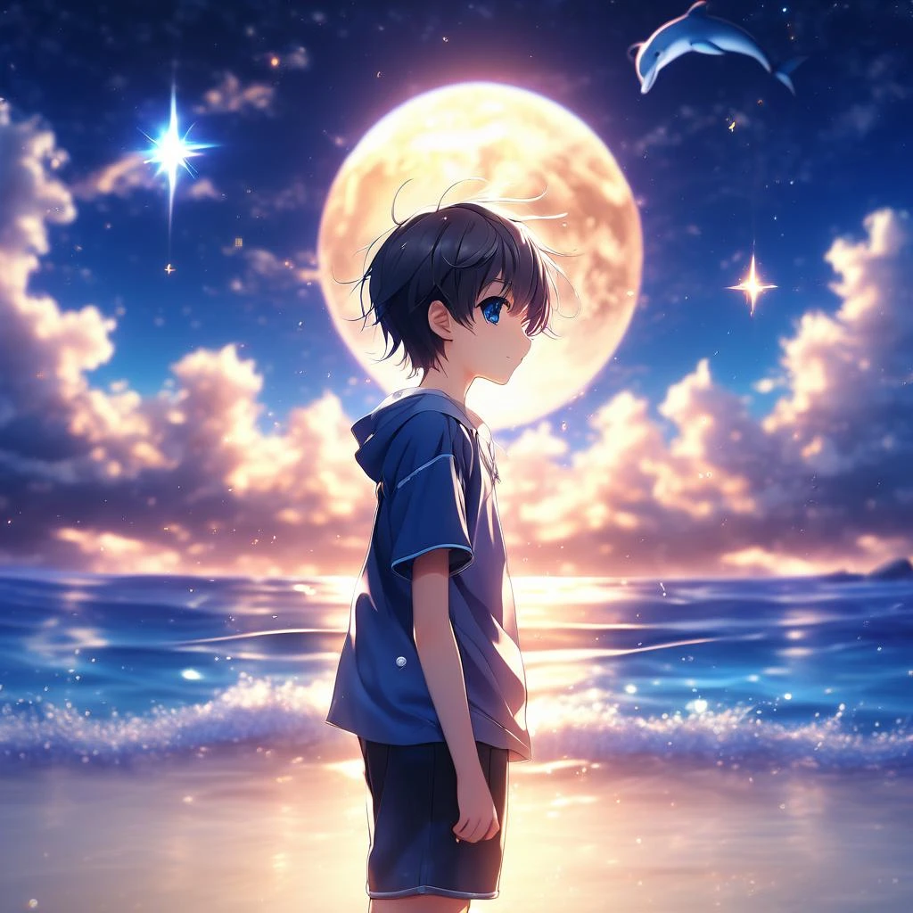 1boy,sea,dolphin,star,night
