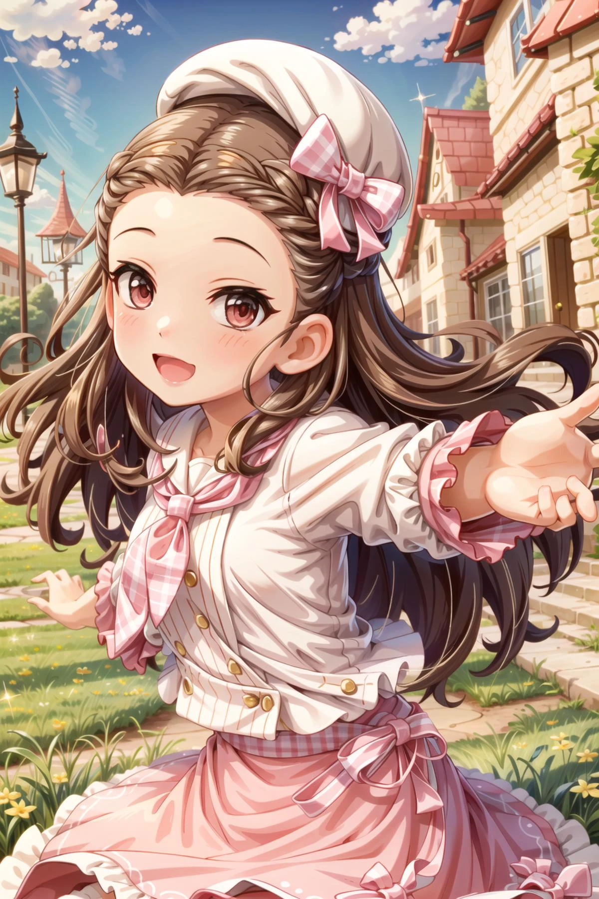 seki hiromi, long hair, brown hair, red eyes, wavy hair, 1girl, solo, smile, outdoors, <lora:Seki_Hiromi:0.9>, 1girl, solo, hat, looking at viewer, smile, open mouth, arms up, ribbon, white headwear, skirt, neckerchief, frills, plaid, beret, dress, pink skirt, :d, buttons, pink dress, outstretched arms, frilled skirt, sparkle, bow, frilled dress