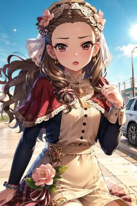 cute girl, ultra-detailed eyes, ultra-detailed, extremely detailed CG, masterpiece, best quality, extremely detailed CG, (soft shadows), (extremety fine and beautiful:1.8), seki hiromi, wavy hair, 1girl, :o, blurry, blurry_background, blurry_foreground, bow, bracelet, brown_hair, capelet, depth_of_field, dress, flower, glint, green_bow, hair_ornament, jewelry, lens_flare, long_hair, long_sleeves, looking_at_viewer, parted_lips, pink_dress, red_eyes, solo, sparkle, sparkle_background, veil, wrist_scrunchie <lora:Seki_Hiromi-06:1>