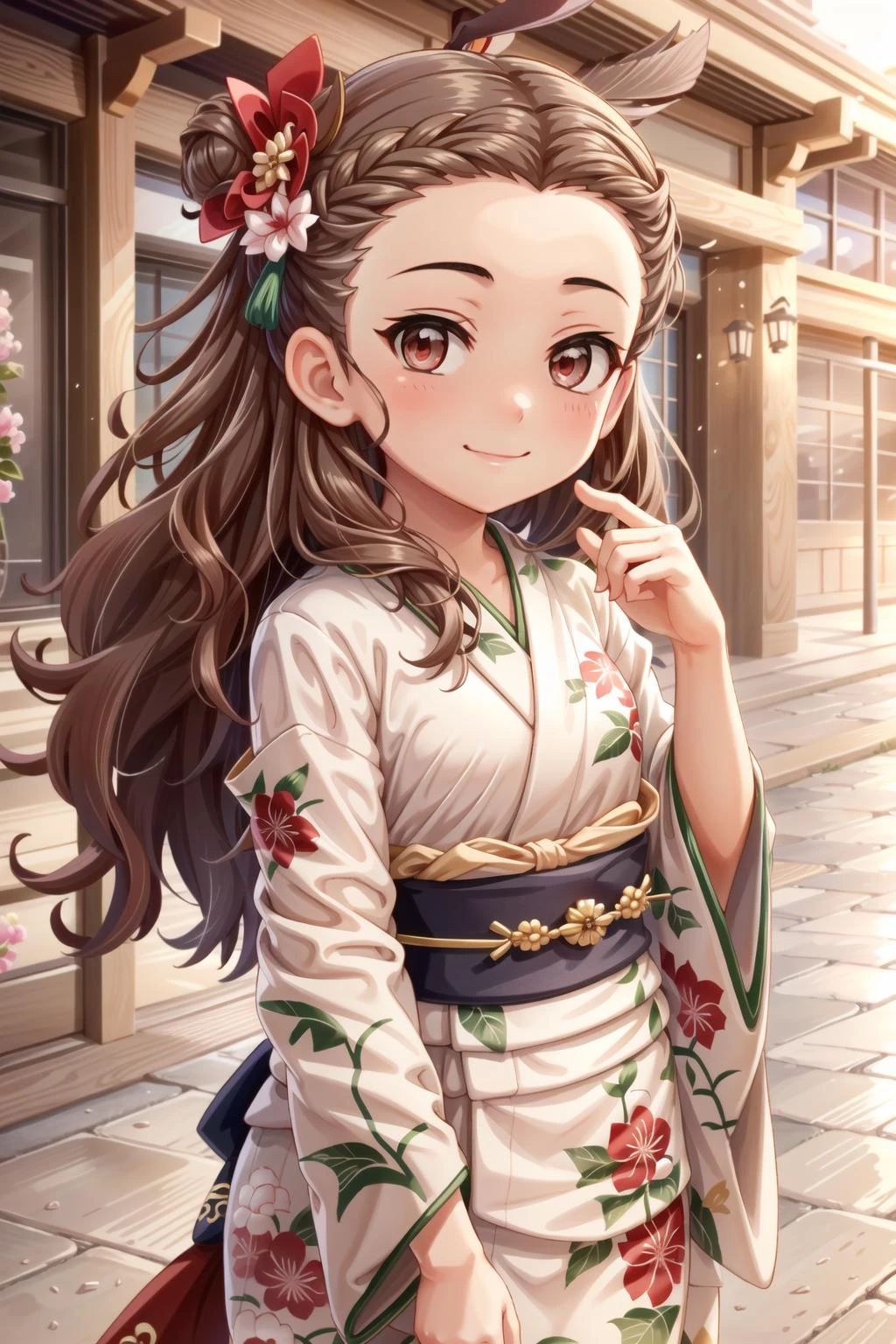 seki hiromi, long hair, brown hair, red eyes, wavy hair, 1girl, solo, smile, outdoors, <lora:Seki_Hiromi:0.9>, 1girl, solo, japanese clothes,kimono, hair ornament, looking at viewer, red kimono, obi, sash, hair flower, flower, bangs, blush, long sleeves, closed mouth, wide sleeves, floral print, red flower, print kimono, hand up, standing, tassel, outdoors, upper body, plant, day
