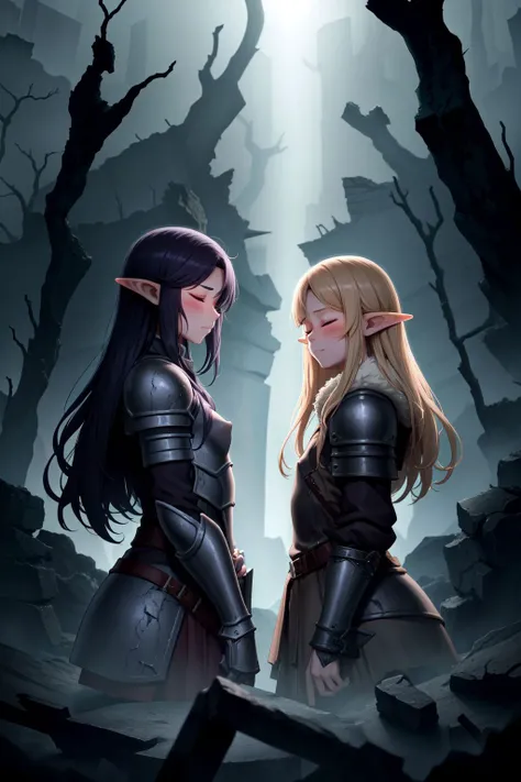 odsp, intricate details, (2girls:1.2), side-by-side, female elf, size difference, height difference, (closed eyes:1.1), looking at viewer, covered_nipples, flat chest, purple & dark brown armored dress, gold trim, fur jacket, braided bangs, full bangs, disheveled hair, grey-blue eyes, gradient eyes, crowd of adventurers, ancient ruin, damaged buildings, rocks, mystic forest, cinematic lighting, light particles, day, D&D, rpg