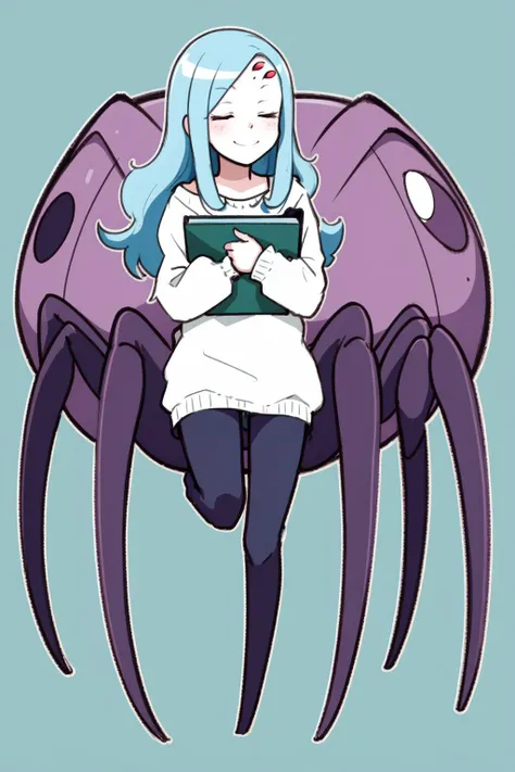 arachne, full body, 1girl, (closed eyes smile:1.1), detailed eyes, surreal, pop surrealism, (pastel \(medium\), colored pencil \(medium\):1.1), disheveled hair, asymmetrical, artifacts, flatcolor, sketch, outline, cel_shading, colorful_background