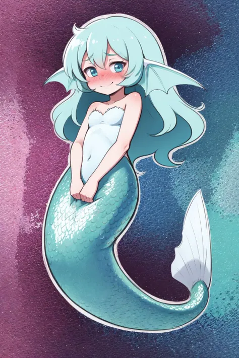 mermaid, head fins, full body, 1girl, embarrassed nose blush smile, detailed eyes, surreal, pop surrealism, (pastel \(medium\), colored pencil \(medium\):1.1), disheveled hair, asymmetrical, artifacts, flatcolor, sketch, outline, cel_shading, colorful_background