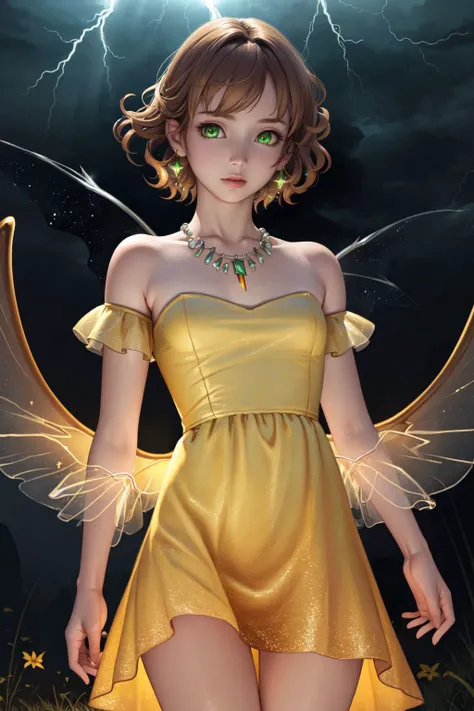 (absurdres, highres:1.3), solo, explicit, pop surrealism, (mystical:1.1), Behance, beautiful detailed glow, (detailed lightning effect), {beautiful detailed face}, {ultra detailed eyes}, extremely detailed, (brown hair), (yellow hair tip), ((lightning adorns hair)), (disheveled hair), (short hair), (green eyes), (glowing earrings), (necklace), (small breasts), (yellow cocktail dress), (lightning texture wings:1.1), look at viewer, shinny skin, (realistic:1.2), floating sparkles, float glowing lighting, detailed lighting, ray tracing, bloom effect,
