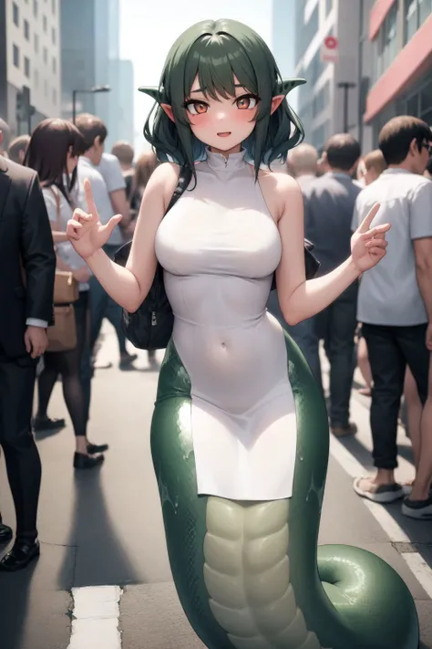 solo, 1girl, (lamia:1.1), on street, crowd, best quality, highres, masterpiece
