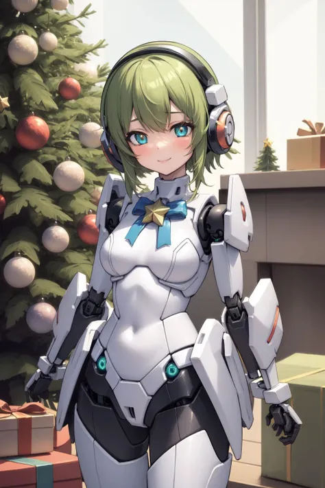 solo, 1girl, ( mecha musume, cyborg, neon trim, headgear, joints:1.1), smile, christmas, gift, giftbox, ribbon, bow, christmas tree, star \(symbol\), best quality, highres, masterpiece