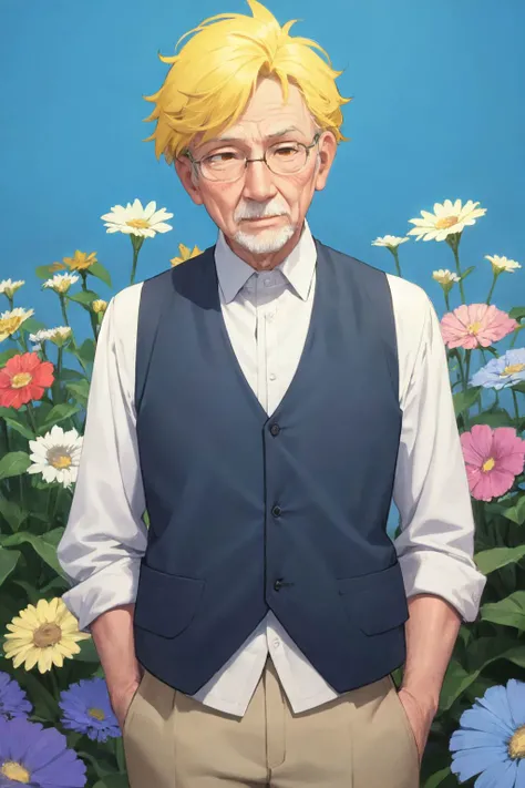 solo, 1 old man, grandpa, regretful, yellow hair, spiky hair, orange eyes, blue waistcoat, day, Mattholia_incana \(flower\), floral background