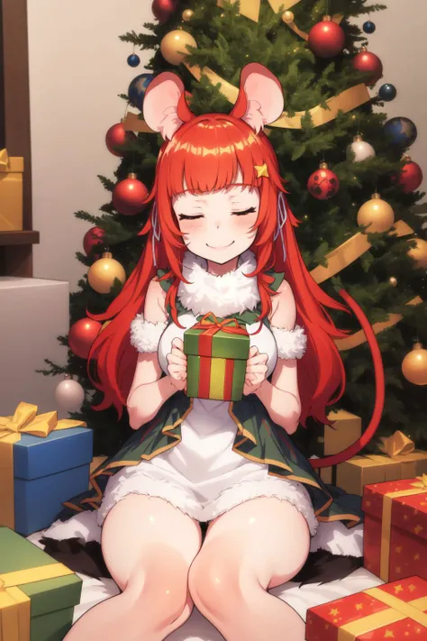 solo, 1girl, ( Hinezumi \(monster girl encyclopedia\), animal ears, fur, mouse ears, mouse girl, mouse tail, fiery tail, flame-tipped tail, multicolored hair, animal ear fluff:1.1), (closed eyes smile:1.1), christmas, gift, giftbox, ribbon, bow, christmas tree, star \(symbol\), best quality, highres, masterpiece,  <lora:mika_pikazo_style_v01.07:1>