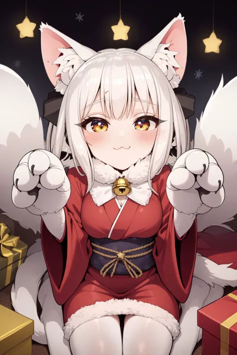 solo, 1girl, ( Nekomata \(monster girl encyclopedia\), animal ears, animal hands , bell, cat ears, fur, kimono, nekomata, two tails:1.1), :3, christmas, gift, giftbox, ribbon, bow, christmas tree, star \(symbol\), best quality, highres, masterpiece,  <lora:Kuma-no-kyu_style_v01:1>