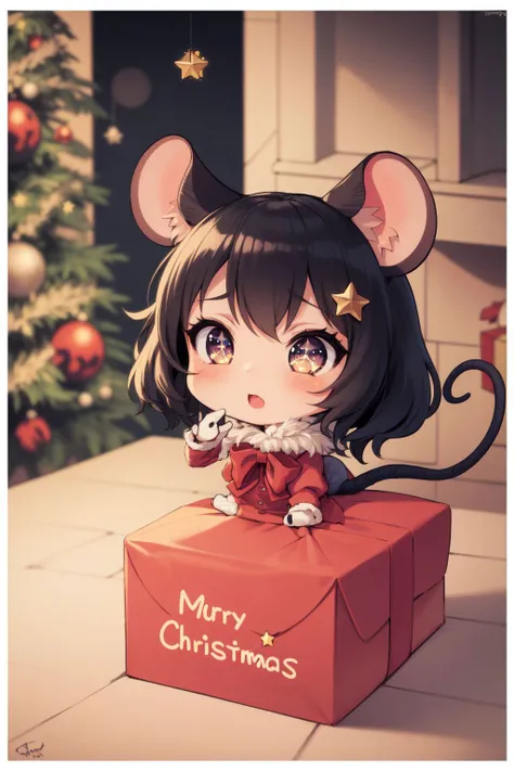 solo, 1girl, ( Dormouse \(monster girl encyclopedia\), animal ears, fur, hair ornament, mouse ears, mouse girl, mouse tail, petite, chibi:1.1), pupils sparkling, christmas, gift, giftbox, ribbon, bow, christmas tree, star \(symbol\), best quality, highres, masterpiece