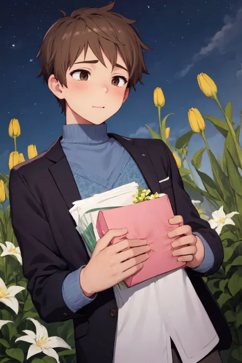 solo, 1boy, male, surprise, brown hair, shaved head, brown eyes, dark blue turtleneck, night, Anigozanthus \(flower\), floral background