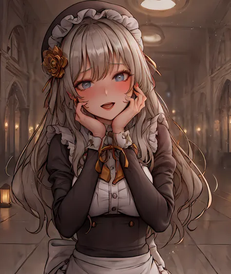 vivid, (Masterpiece, Best Quality), highres, (best illustration), 8k resolution, dynamic pose, robocap, mature female, solo, (wide shot, full body), i love dolls!, from above, ta outfit, frills, bonnet, ribbon, bow, cute, shiny skin, stylish, voluminous hair, very long hair, bangs, perfect face, !,looking at viewer, reflective eyes, scared, afraid, head tilt, hug doll, happy, hand on own face, dress, apron, striped thighhighs, dramatic, shallow depth of field, (Details:1.2), halation, sharp focus, (focus face:1.3), perfect composition, highly detailed, scenery, magnificent view, golden hour:0.8, (volumetric lighting), silhouette, cinematic, outdoors, ((colorful)), tactile paving, cityscape, ((wind blowing:0.7)), bloom:0.3, motion lines, glass, refraction:0.5, <lora:RobocapV3:0.7>