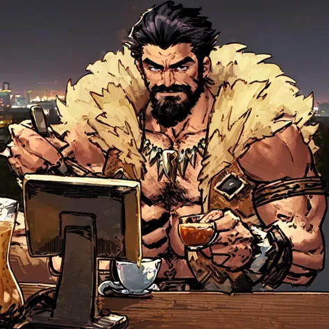 ((a man drinking tea in a cafe)), lightning in the background <lora:KraventhehunterLoRA:0.7> 1boy, male focus, solo, facial hair, black hair, muscular, beard, abs, manly, necklace, mustache,  Highly detailed, masterpiece, best quality,