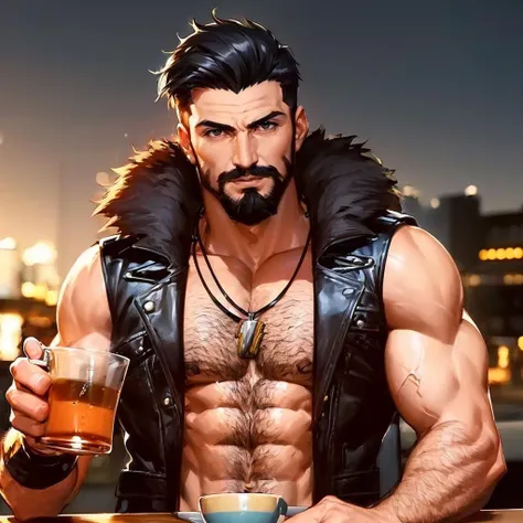 ((a man drinking tea in a cafe)), lightning in the background <lora:KraventhehunterLoRA:0.5> 1boy, male focus, solo, facial hair, black hair, muscular, beard, abs, manly, necklace, mustache,  Highly detailed, masterpiece, best quality,