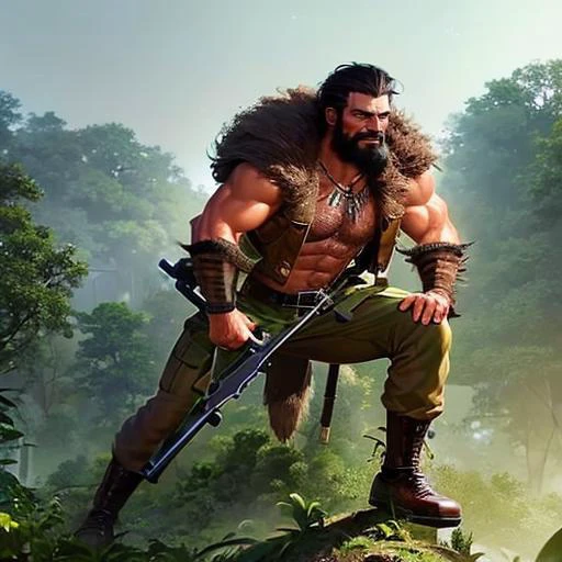 ((a man sneaking in the jungle holding a rifle)), lightning in the background <lora:KraventhehunterLoRA:0.7> 1boy, male focus, solo, facial hair, black hair, muscular, beard, holding, weapon, abs, manly, necklace, mustache, Highly detailed,masterpiece, best quality, (photorealistic:1.4),