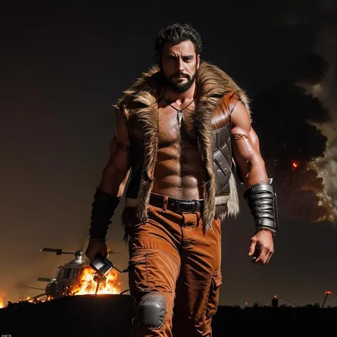 ((a man walking in front of a burning helicopter, explosion in the background)), lightning in the background <lora:KraventhehunterLoRA:0.8> 1boy, male focus, solo, facial hair, black hair, muscular, beard, holding, weapon, abs, manly, necklace, mustache