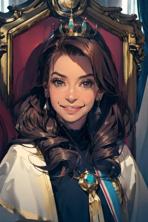 queen, throne, throne room,( argentinian flag:1.2),
, curtains, earrings, jewelry, lips, long_hair, looking_at_viewer, piercing, realistic, ring, smile, solo, upper_body, brown eyes,
(1girl:1.2), portrait, president, mature female,
kristina
<lora:CRISTINA2:1> <lora:more_details:0.2>