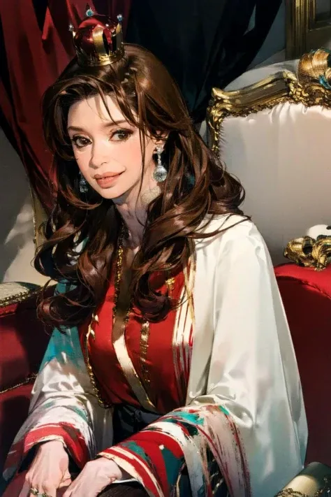 (masterpiece),(best quality),(ultra-detailed), 1girl, (sitting on red sofa) (queen, crown:1.2)
, curtains, earrings, jewelry, lips, long_hair, looking_at_viewer, piercing, realistic, ring, (smile:0.7), solo, upper_body, brown eyes,
(1girl:1.2), (president:1.2), mature female,
kristina
<lora:CRISTINA2:1.2> <lora:more_details:0.2>