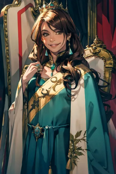 queen, throne, throne room,( argentinian flag:1.2),
, curtains, earrings, jewelry, lips, long_hair, looking_at_viewer, piercing, realistic, ring, smile, solo, upper_body, brown eyes,
(1girl:1.2), portrait, president, mature female,
kristina
<lora:CRISTINA2:1> <lora:more_details:0.2>