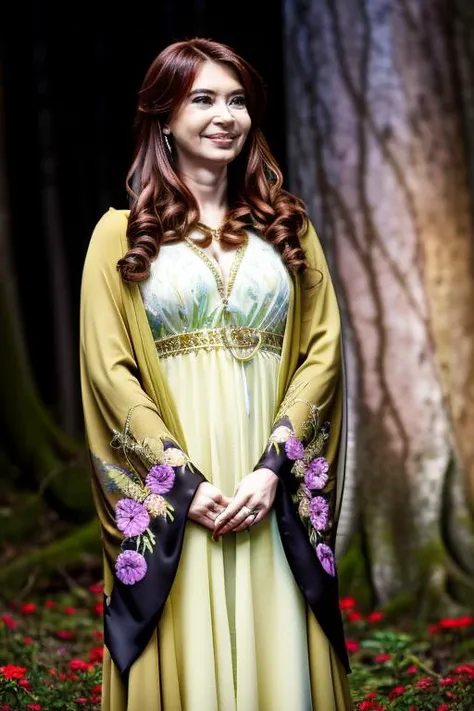 (best quality, photorealistic, masterpiece:1.3), character focus portrait, solo, (full body:0.6), looking at viewer, detailed background, detailed face,
 fully-organic,  BiophyllTech theme:1.1), serene expression, forest druid, calm posture, healing magic, runes,  magic , glowing orbs, nature magic,
(style-swirlmagic:0.8), rock, glowing red flowers, violets, rays of light,  dense forest in background, ethereal  atmosphere, earth tones,, highly detailed textures, intricate details, antitech, antimatter, 1girl, solo, long hair, dress, black hair, own hands together, standing, realistic, wide sleeves, looking at viewer, simple background, white background, green dress, tlotr-outfit <lora:kristina:1>