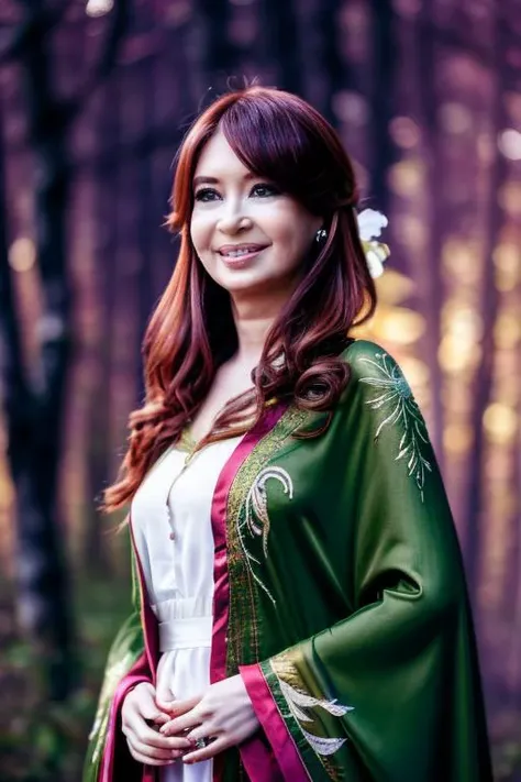 (best quality, photorealistic, masterpiece:1.3), character focus portrait, solo, (full body:0.6), looking at viewer, detailed background, detailed face,
fully-organic, BiophyllTech theme:1.1), serene expression, forest druid, calm posture, healing magic, runes, magic , glowing orbs, nature magic,
(style-swirlmagic:0.8), rock, glowing red flowers, violets, rays of light, dense forest in background, ethereal atmosphere, earth tones,, highly detailed textures, intricate details, antitech, antimatter, 1girl, solo, long hair, dress, black hair, own hands together, standing, realistic, wide sleeves, looking at viewer, simple background, white background, green dress, tlotr-outfit <lora:kristina:1>