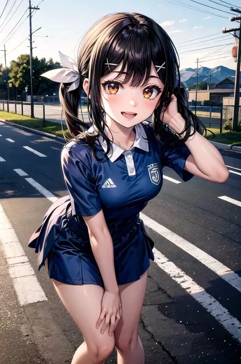 ((masterpiece)), (1 girl:2.0), (face extremely detailed, smiling), short haircut, brown hair, petite, (thin build), (a Japanese girl), ((Member of track and field team, long distance runner)), (standing on the track), slightly round face, (tanned brown face:1.6), cute, big eyes