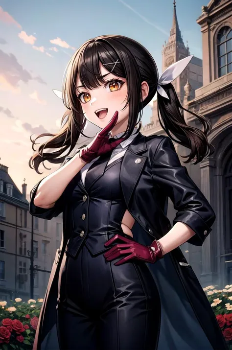 (masterpiece, best quality, detailed), 1girl, solo, looking at viewer, MiyuDef, orange eyes, brown eyes, black hair, long hair, hairclip, bangs, hair ornament, twintails, low twintails, sidelocks, small breasts, x hair ornament, feather hair ornament,
short sleeves, black pants, black necktie, red shirt, red gloves, jacket on shoulders, black jacket, town, building, flower, victorian, rose, outdoors, london, <lora:OjouSamaPose:1>, ojou-sama pose, laughing, hand on hip, naughty face, smug,