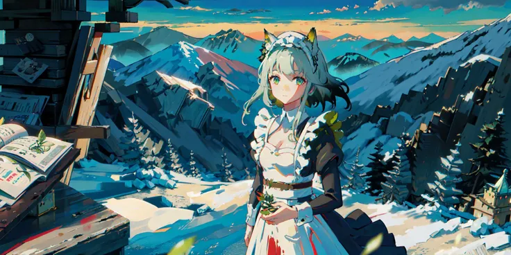 masterpiece, best quality,
1girl,<lora:ArknightsKaltsit5concept_30:1>,((maiddress:1.2,mon3tr),expressionless:1.2),cleavage, leaf, looking at viewer, plant, solo, vines,standing,
forest, sky, mountain, (castle on the mountain:1.8)