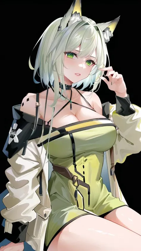 ((1girl, mature female, milf, short hair, thighs, seductive pose, large breasts, shiny body, skindentation, animal ears, parted lips, )),
(( normal, green dress, jacket, bare shoulders, choker, )),
((masterpiece, absurdres, solo , simple background, dynamic pose, high detailed, cinematographic lights )) , <lora:ArknightsKaltsit5concept_30:1>