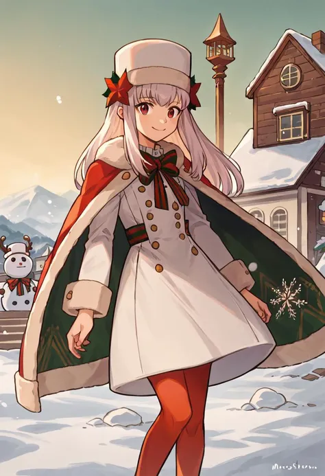 score_9, score_8_up, score_7_up, source_anime, 1girl, smile, building a snowman, <lora:fireemblem_ordelia_ponyXL:1> lysitheawinter, white hat, christmas, white dress, fur trim, long sleeves, fur-trimmed cape, red pantyhose, snowy landscape