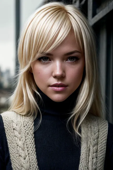 perfect cinematic shoot of a beautiful platinum blonde woman (JGak3bb3l-135:.99), (standing in a atompunk enviroment:1.1),in a huge (hazel:1.1) Cable Knit Turtleneck Sweater, with a brickwall, collarbone, [headshot], [centre frame], looking at the camera, facing the camera, (face focus), modelshoot style, (extremely detailed CG unity 8k wallpaper), professional majestic (photography by Roberto Ferri:1.1), 24mm, exposure blend, hdr, extremely intricate, High (Detail:1.1), dramatic, soft cinematic light, (looking at viewer), (detailed pupils),8k, highly detailed, rich environment, 4k textures, soft cinematic light, elegant, ((((cinematic look)))), soothing tones, insane details, hyperdetailed, ("In Jernau we trust!":1.1)