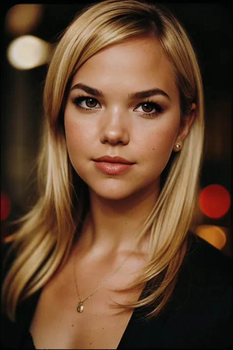 photo of (ak3bb3l-135:0.99), a woman, closeup portrait, perfect blonde hair, posing, (vintage photo, business suit), (instagram frame), 24mm, tintype, (analog, film, film grain:1.3), ((in Havana, nighttime, gritty)), ((detailed eyes)), (seductive pose), (epicPhoto)