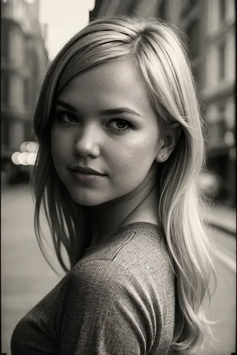 photo of (ak3bb3l-135:0.99), a woman, closeup portrait, perfect blonde hair, posing, (vintage photo, compression shirt), (instagram frame), 24mm, (tintype), (analog, film, film grain:1.3), ((in London, daylight, gritty)), ((detailed eyes)), (seductive pose), (epicPhoto)