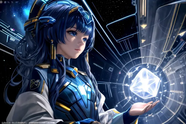 Pretty female space ranger, silver blue metallic nanofiber bodysuit with integrated bioluminescent patterns, tan skin, ((short dark blue hair)), (((hair tubes))), high tech belt, ((transparent space helmet)), space station interior, (computer panels), windows, Gossamer gown adorned with crystalline embellishments, Navigator's console adorned with celestial charts and advanced astrophysical instruments, Enigmatic robe woven with celestial symbols, Threader earrings, Holographic projection suits, Seductress, small breasts, surrounded by control panels and screens, Interplanetary diplomat attire with intricate alien cultural motifs, ((stars)), nebula, planet, (1girl:1.1), detailed face, detailed skin, best quality, illustration, futuristic, science fiction, masterpiece, ultra-detailed, ultra high res, sharp focus, <lora:more_details:0.45>, <lora:hair_tubes_lyco-10:1.5>