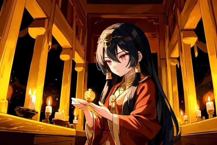 Pretty woman, Tibetan, preparing a ritual in an ancient buddhist temple, tan skin, red and gold cloak, black eyes, ((hair tubes)), ornate tiara, ((sharp contrast)), candles, candles lighting, ((dim lighting)), ((rim lighting)), pieces of fabric with ancient inscriptions on the walls, incense burning, small potions containers with intricate details, stacks of praying menthras tablets, (mysterious, mystical, ancient) atmosphere, (1girl|2girls), ((perfectly drawn face)), ((perfectly drawn hands)), ((perfectly drawn eyes)), best quality, masterpiece, ultra detailed, ultra high res, sharp focus, <lora:hair_tubes_lyco-10:1>