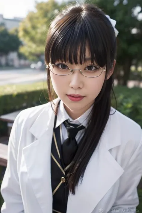 ultra-detailed,highly detailed,best quality,masterpiece,illustration,realistic,
shiguma rika, 1girl, solo, cosplay,
st. chronica academy school uniform,
glasses,hair bow, labcoat,
looking at viewer, upper body,
outdoors, nature,
<lora:shiguma rika_v1_07:0.7>