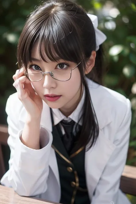 ultra-detailed,highly detailed,best quality,masterpiece,illustration,realistic,
shiguma rika, 1girl, solo, cosplay,
st. chronica academy school uniform,
glasses,hair bow, labcoat,
looking at viewer, upper body,
outdoors, nature,
<lora:shiguma rika_v1_07:0.7>