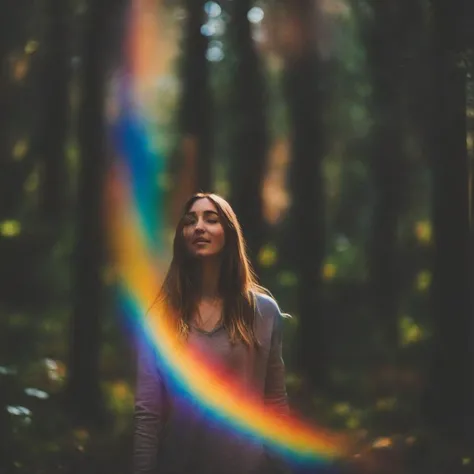 <lora:SDXL_rainbow_highlights_Sa_May:1> rainbow highlights a woman in the forest