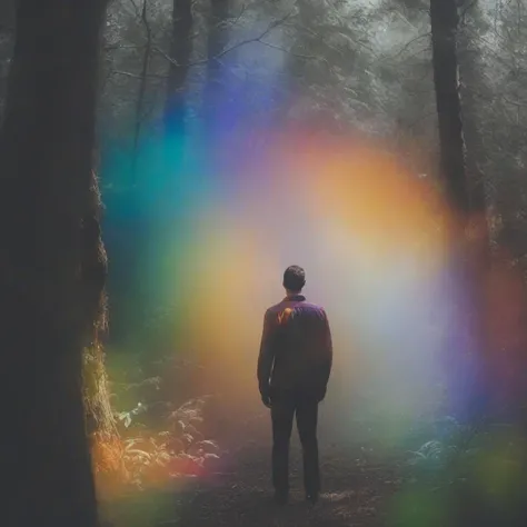 <lora:SDXL_rainbow_highlights_Sa_May:1>  rainbow highlights a man in the forest