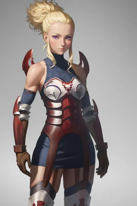 (masterpiece, best quality, absurdres), <lora:flavia-fe-richy-v1-000013:1>, flavia, purple eyes, 1girl, solo, standing, pauldrons, asymmetrical armor, bracer, gloves, elbow pads, armored boots, garter straps, cowboy shot