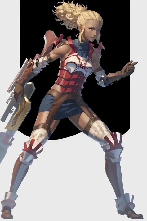 (masterpiece, best quality, absurdres), <lora:flavia-fe-richy-v1-000013:1>, flavia, purple eyes, dark-skinned female, dark skin,
1girl, solo, standing, full body,
pauldrons, bracer, gloves, elbow pads, armored boots, garter straps, asymmetrical armor, holding, breastplate,
<lora:FEH_Concept_v2:1> feh, black background, simple background,