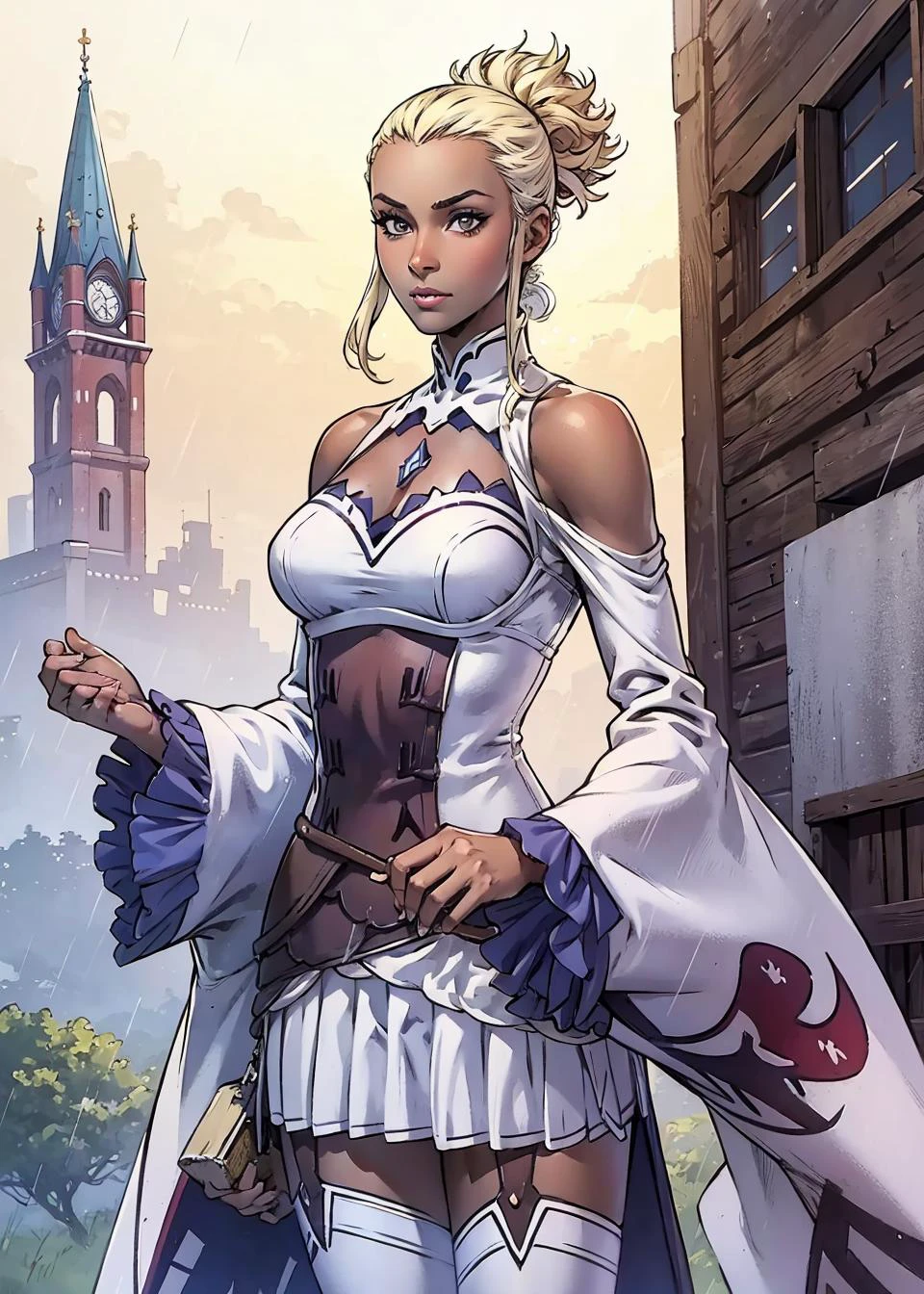 (cowboy shot, masterpiece, best_quality, ultra-detailed, immaculate:1.3), epic, illustration,
BREAK
<lora:flavia-fe-richy-v1:0.8> flavia, dark skin, pouting
<lora:Emilia,white_dress, skirt, detached_sleeves, bare_shoulders, white_legwear:1> white_dress, skirt, detached_sleeves, bare_shoulders, white_legwear
BREAK
castle, town, crowd, rain