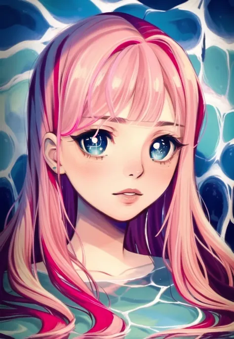 masterpiece, best quality, 1 girl, long pink hair, in water, blue eyes, dark colours, soft colours, water hair, portrait, detailed face, detailed eyes, feef, <lora:feef:0.7>