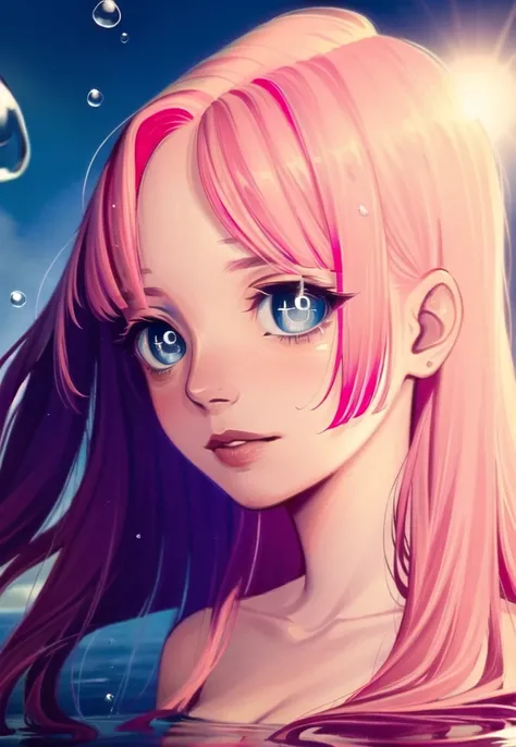 masterpiece, best quality, 1 girl, long pink hair, in water, blue eyes, dark colours, soft colours, water hair, portrait, detailed face, detailed eyes, feef, <lora:feef:0.7>
