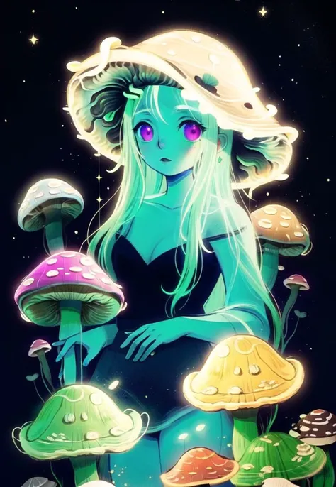 masterpiece, best quality, 1 woman, many eyes, glowing mushrooms stick out of her hair, space background, feef,  <lora:feef:0.7>